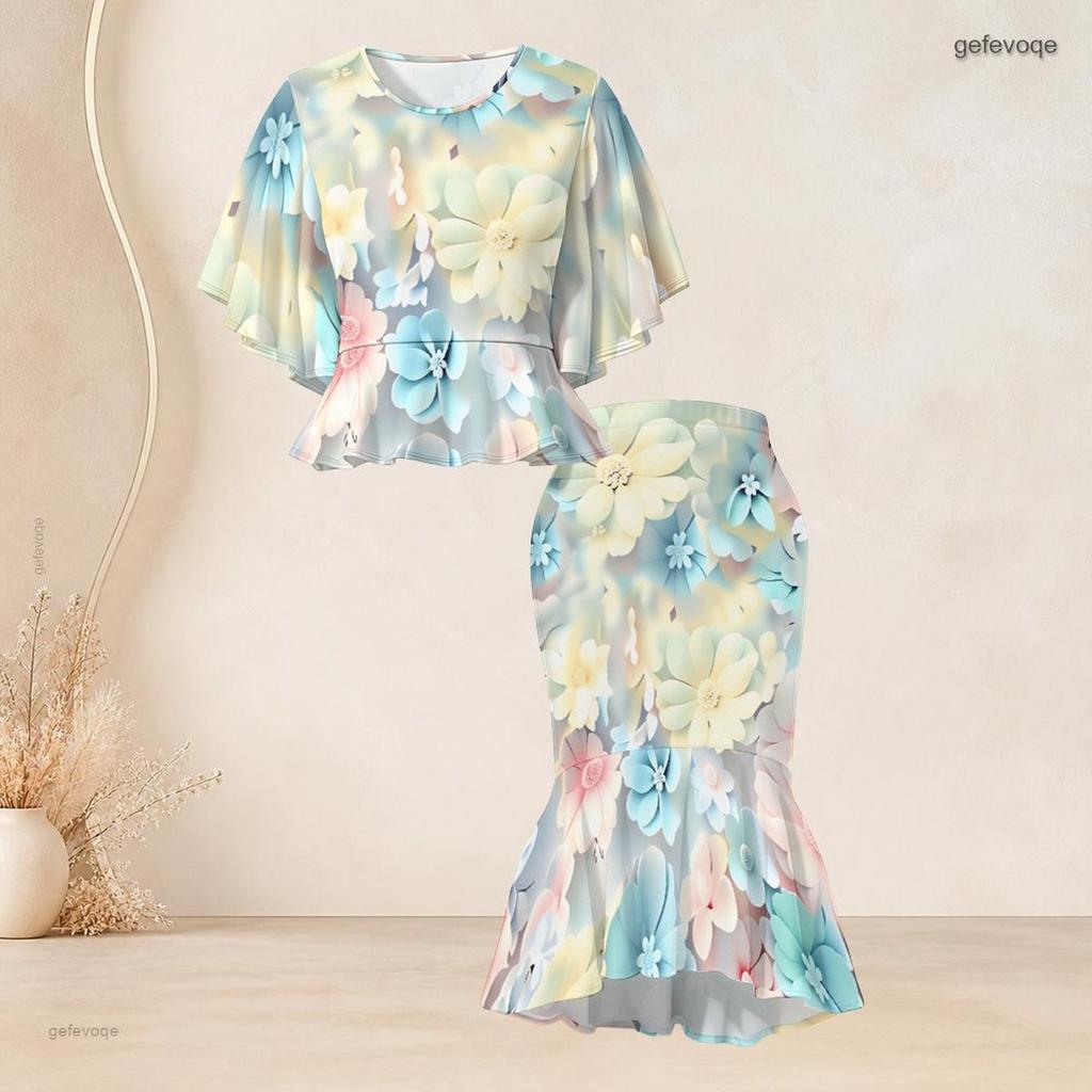 Women Plus Size Camo Printed O Neck Batwing Sleeve Ruffle Hem Top Fishtail Skirt Two Piece Set