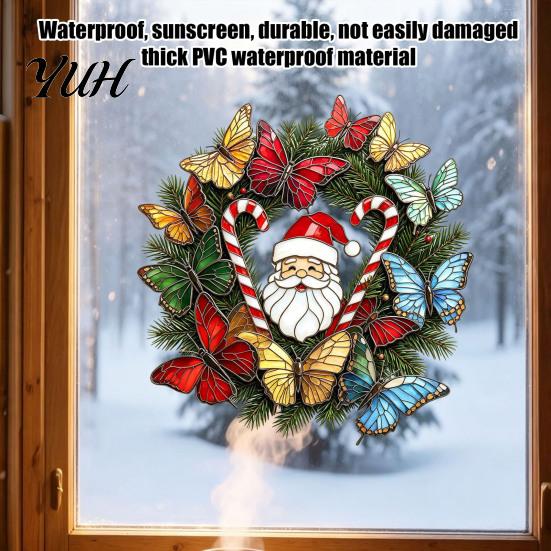 Creative Window Stickers for Home Christmas Wreath Sticker, Stained Glass Style, Removable Santa Butterfly Candy Cane Party Decor Decal, PVC