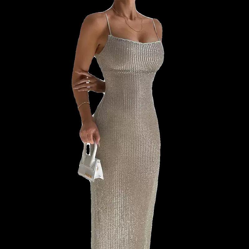 

Camisole Dress Summer New Sexy Slim Fit Long Dress Fashion Elegant Sequin Sling Dress Women Light apricot S