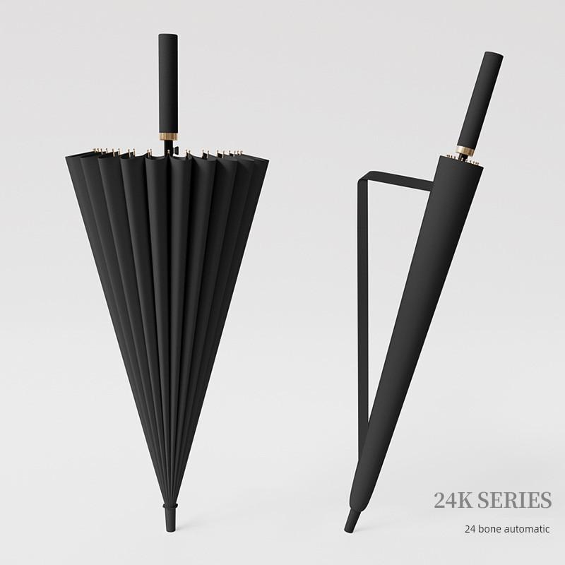 24-Rib Long-Handle Umbrella, Large Automatic Reinforced Heavy Rain-Resistant Windproof Black Business Straight Umbrella