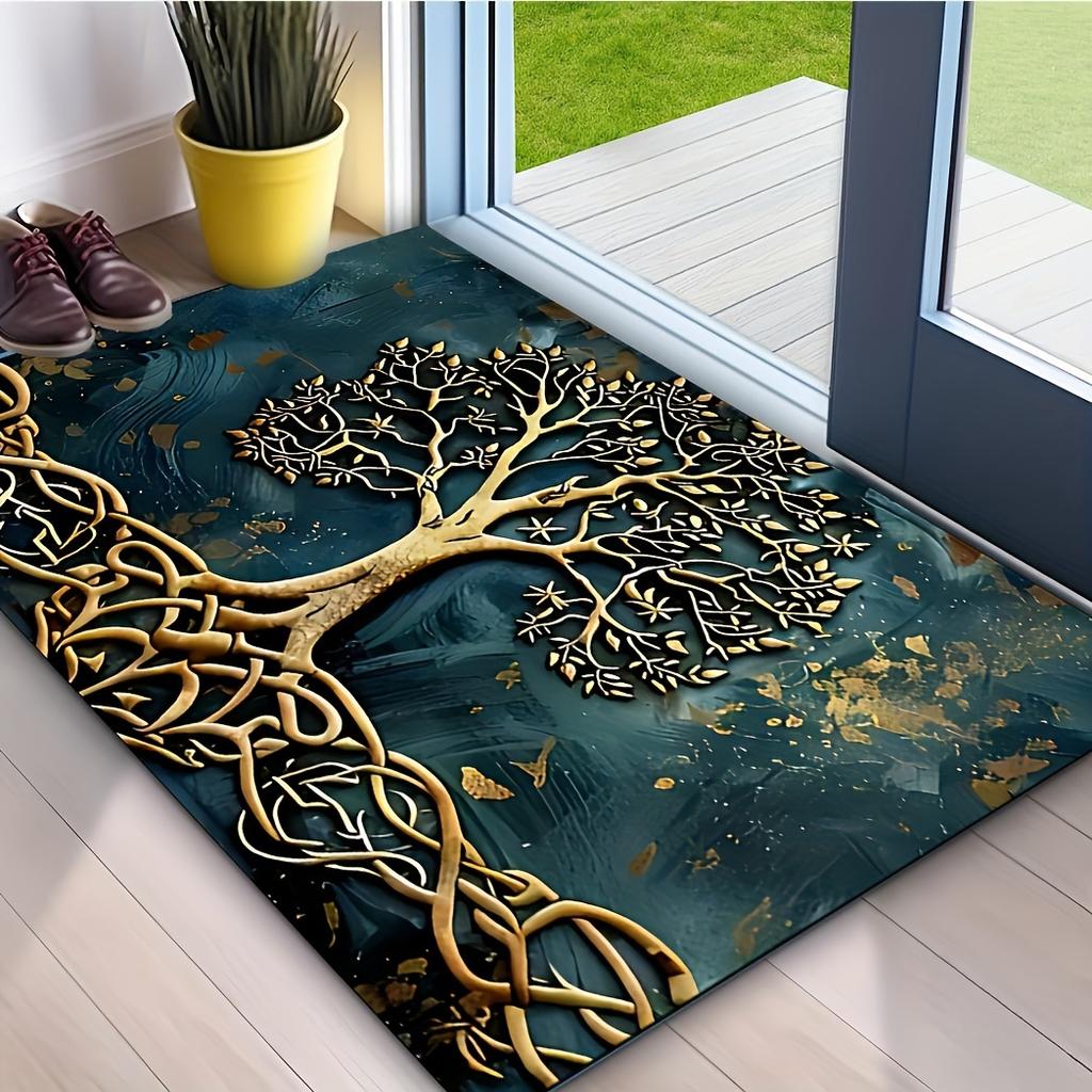 Life Tree Pattern Welcome Mat, Crystal Velvet Fabric, Silicone Backing, Rectangular Non-Slip Washable Entrance Carpet for Home, Bathroom Decor