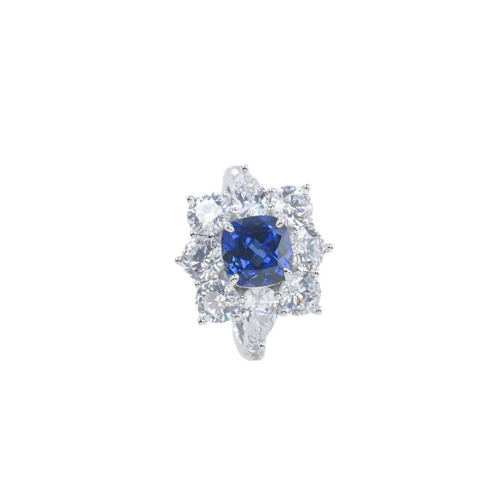 Sterling Silver Sapphire Halo Diamond Ring - Elegant Women's Luxury Jewelry