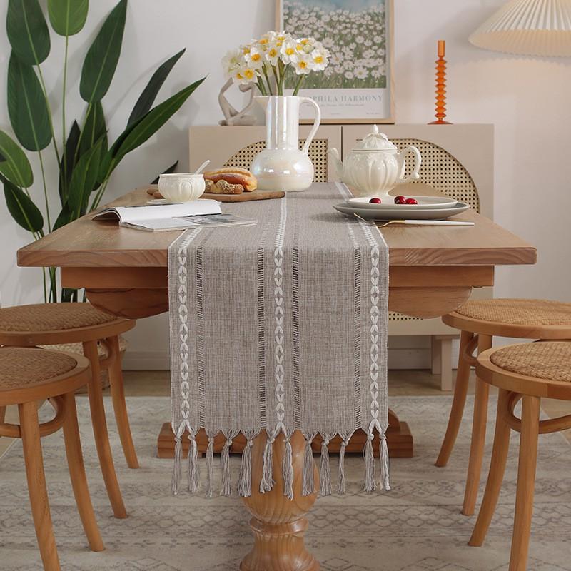 Handmade Tassel Cotton Linen Table Runner Dining Coffee Decor In American Rustic Style