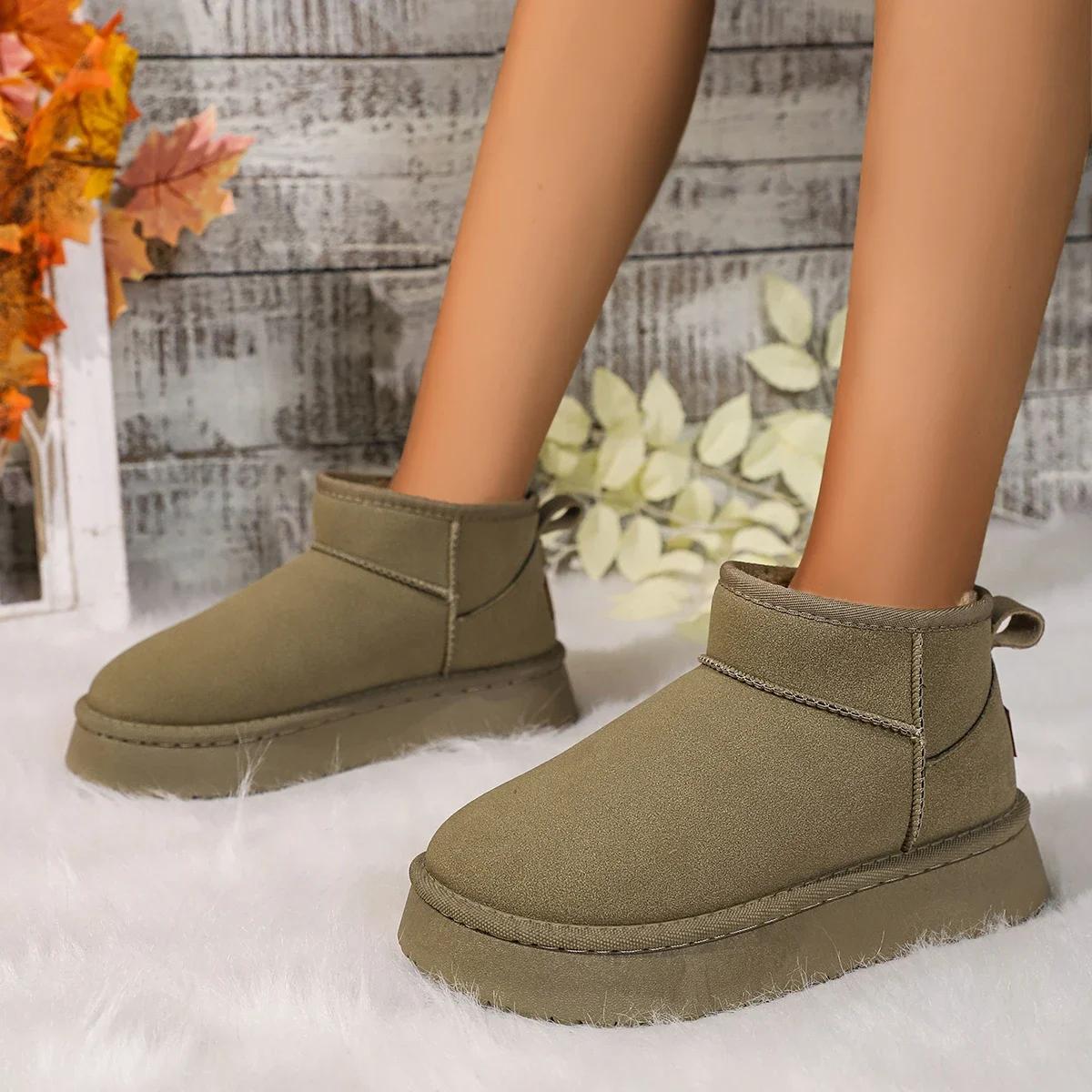 

Зимние новые модные женские сапоги 2024 года, короткие плюшевые теплые зимние сапоги с круглым носком, повседневные замшевые туфли на плоской платформе, женские туфли Zapatos 36