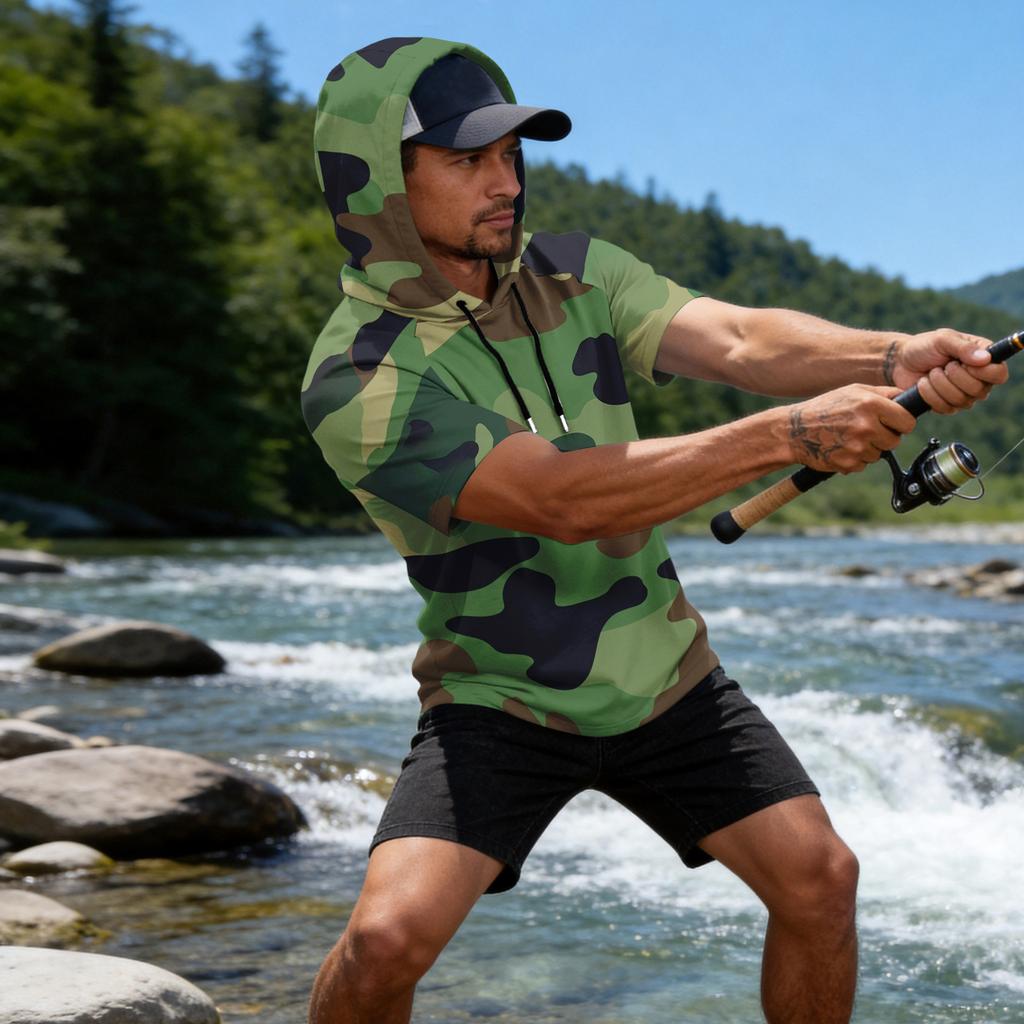 Men's Camouflage Print Raglan Sleeve Casual Sport Fishing Sun Protection Short Sleeve Hoodie Pullover Top for Outdoor Activities