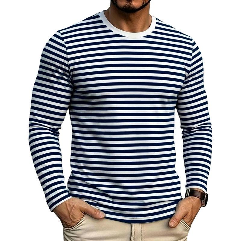 Men Crew Neck Blue White Horizontal Striped Slim Fit Long Sleeve T Shirt