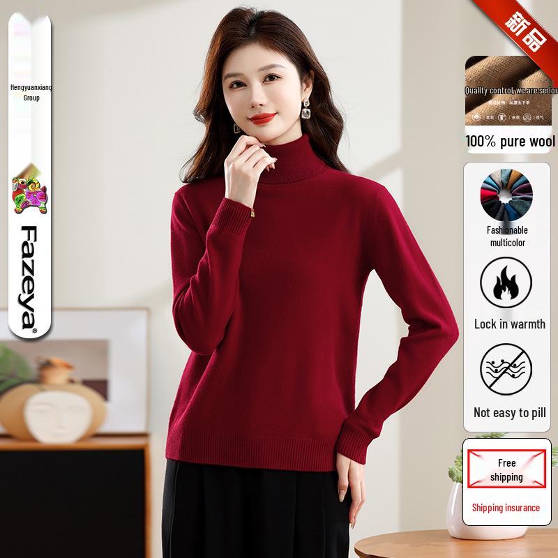 Hengyuanxiang Women's Pure Wool High Neck Oversized Sweater Pullover