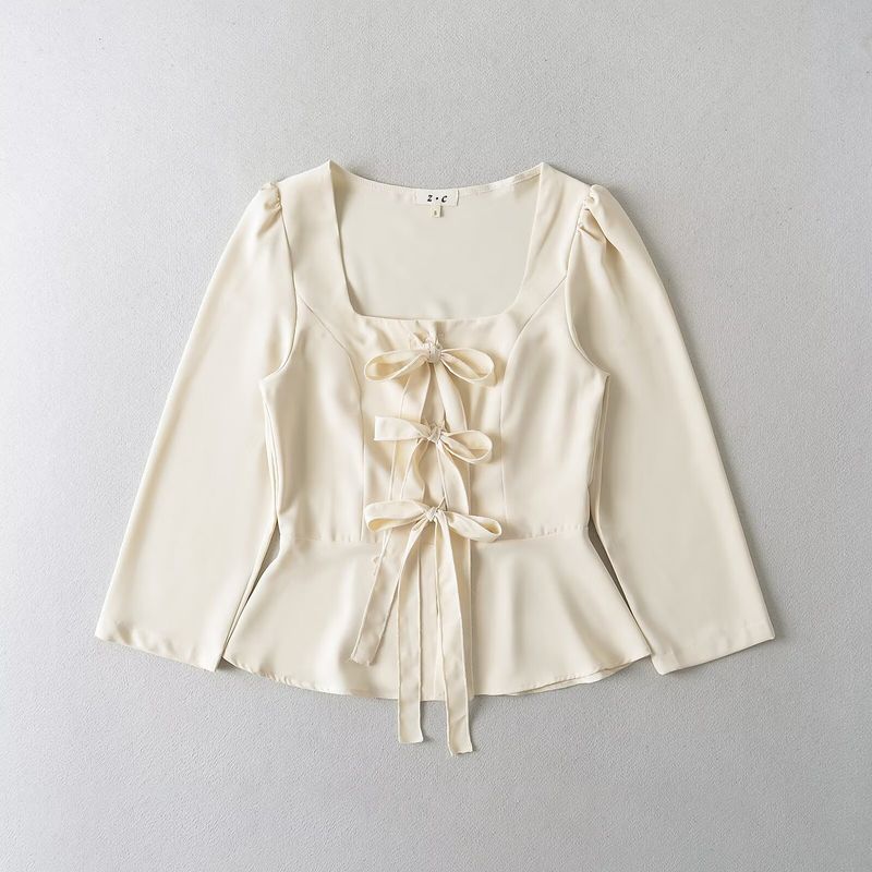 Kaslead New Arrival Women's Clothing Fashion Style Stylish Simple and Versatile Shoelace Waist-Controlled Long Sleeves Square Collar Top