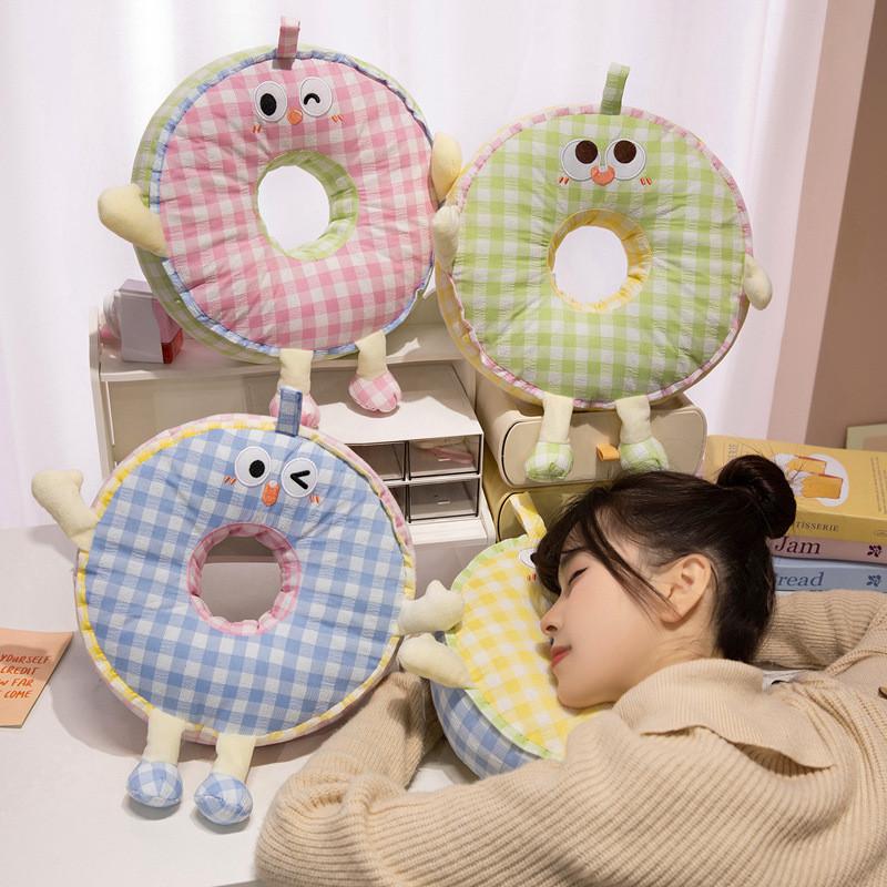 Style Round Grid Nap Pillow Office Rest Cushion With Embroidered Fabric For Home Use