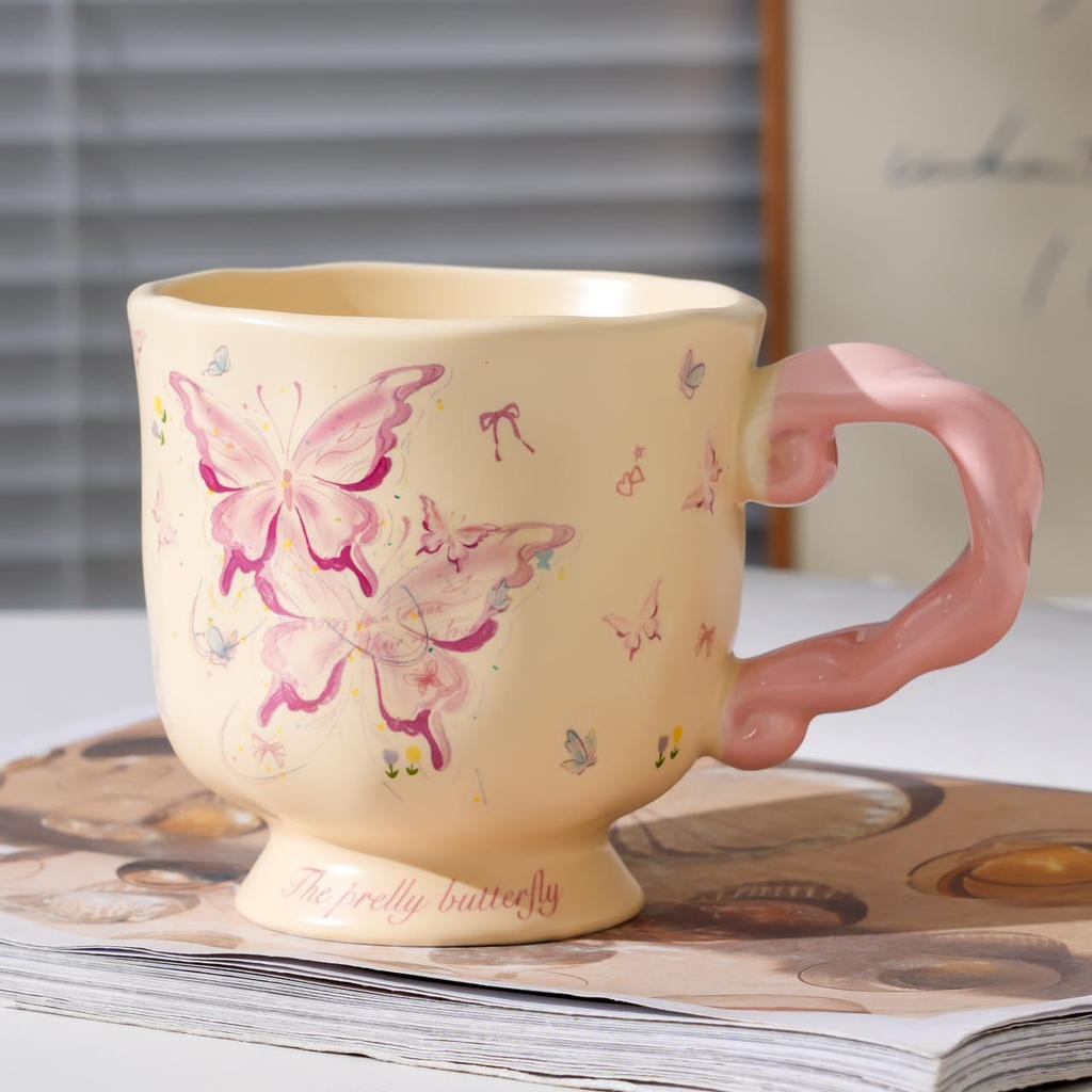 Retro Butterfly Ceramic Mug, Large-Capacity Breakfast Cup, High-Value Couple Water Cup, Home Office Female Gift
