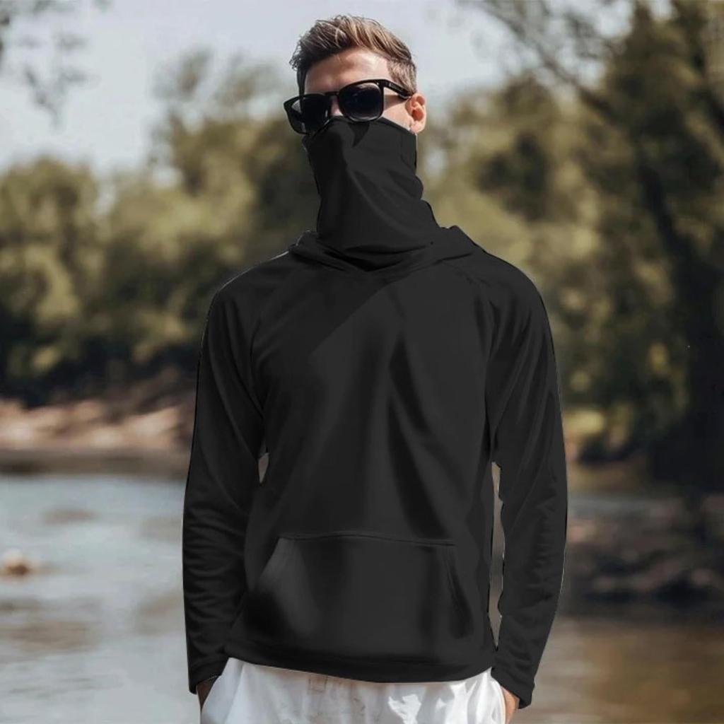 Lightweight Long Sleeve Hooded Shirt with Integrated Face Cover Sun Loose Fit Guard Pullover Top for Outdoor Activities