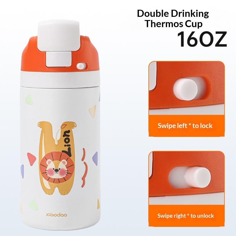 Double Drink Fruit Cup High Aesthetic 304 Stainless Steel Thermos Cup Cartoon Water Bottle For Students With Straw And Jump Lid