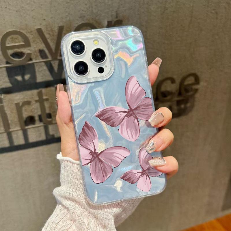 Carcasă de telefon subțire cu imprimeu de fluturi în culori solide, cu margini moi, pentru iPhone 16 Pro 15 Pro Max 14 13 12 11, cu sclipici, cu pene, rezistentă la șocuri, din PC rigid