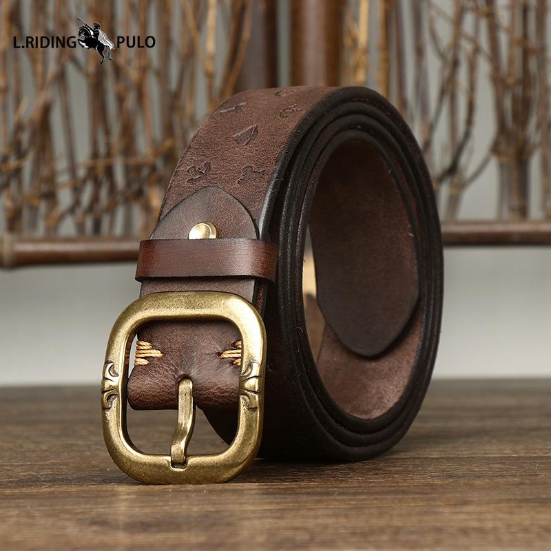 Korean Style Personalized Machine Embossed Vegetable Tanned Belt Men's Genuine Leather Pure Cowhide Pin Buckle Belt