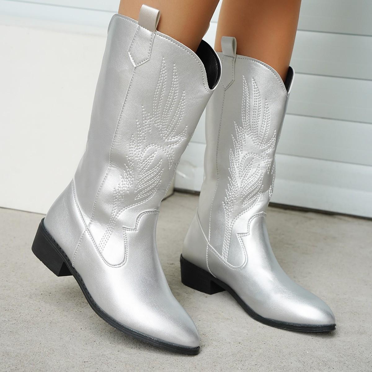 

Fashion Plus Size 43 High Quality Block Heel Mid-calf White Cowboy Boots Women Vintage Country Concert Western Boots Shoes Zapatos Mujer 43