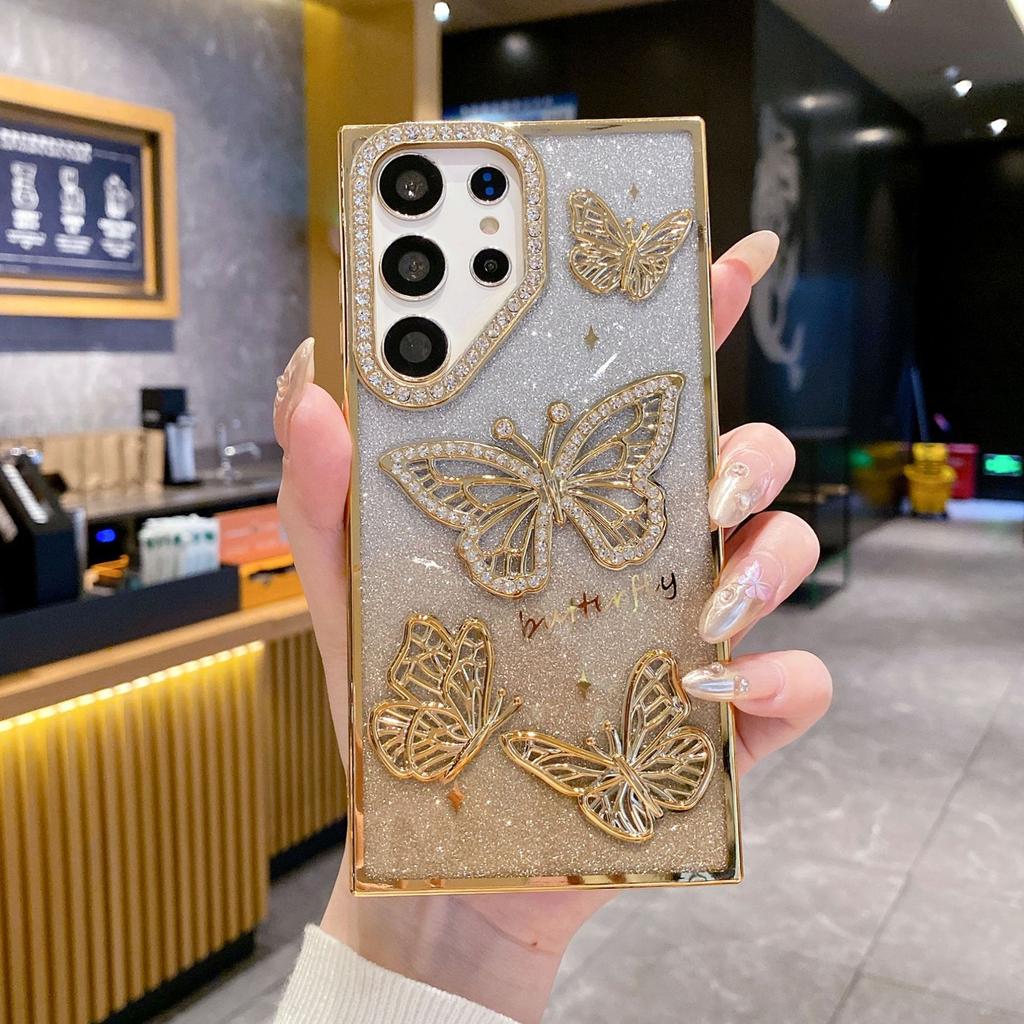 Suitable for Samsung S25 Ultra Mobile Phone Case Electroplated Flash Powder Rhinestone Butterfly S24 Anti Fall A26 Anti Fall Soft Case