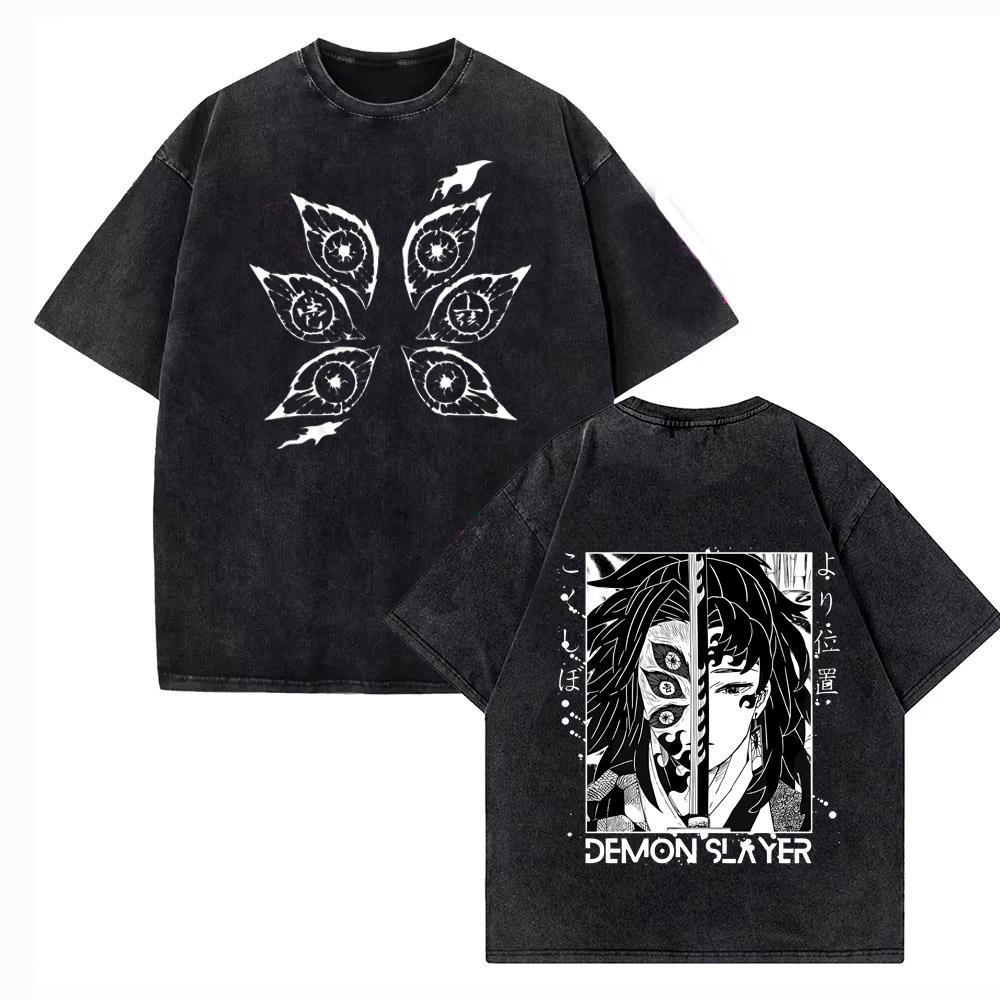 Demon Slayer Blade Charcoal Jiro Extra Large Retro Washed Mens Tshirt Summer New Style Suitable for Both Men and Women
