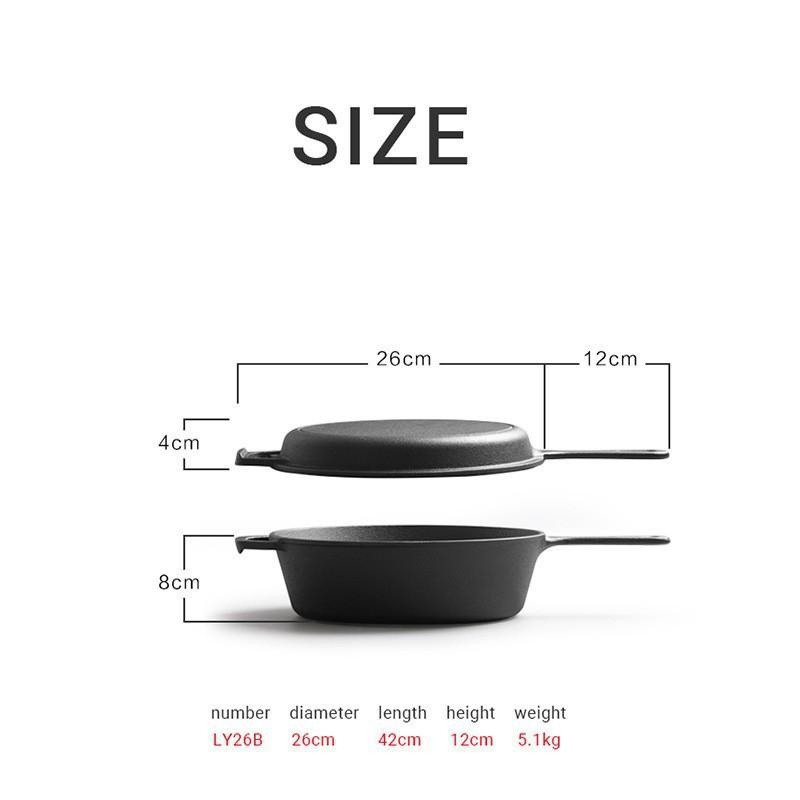 Cast iron dual-purpose pan, flat-bottomed steak frying pan, household soup pan, uncoated saucepan, thickened old-fashioned raw iron pan