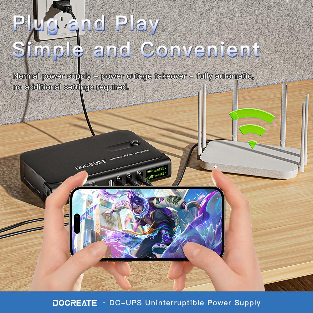 DC UPS Uninterruptible Power Supply System 5V-24V Output 4x18650 Replaceable Battery for Router NAS Modem and Security Monitor