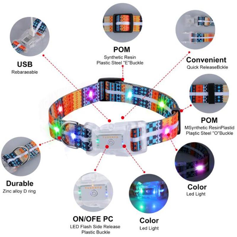 LED Dog Pet Collars Luminous Necklace Buckle IP68 Waterproof Rechargeable Martingale Dog Hunting Stuff for Big Breed Reflective