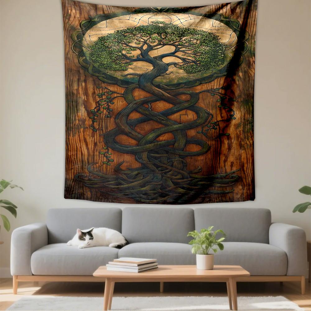 Tapestry Yggdrasil Tree of Life Wood Carving Brown Wood Green Foliage Moon Celtic Wall Art