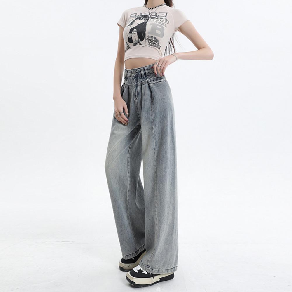 Simple Commuter Pleated Wide-leg Jeans Women's High Waist Spring and Autumn New Loose and Versatile Wide-leg Jeans