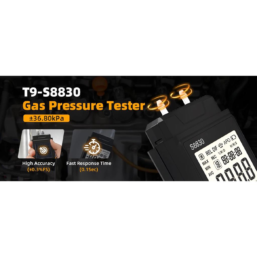 Manômetro Digital T9-S8830 ±36,8 kPa Testador de Pressão HVAC de Porta Dupla 12 Unidades Armazenamento de 99 Dados Luz de Fundo