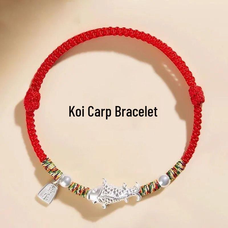 Koi Lucky Charm Silver Bracelet - Woven Hand Rope for Women & Men, Colorful Rope Couples Red Rope, Mother s Day Gift