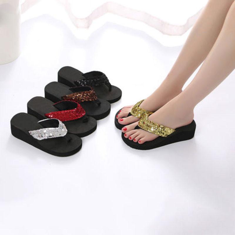 Sequins Summer Womens Antislip Sandals Girl Wedge Heels Slippers Flipflops Us