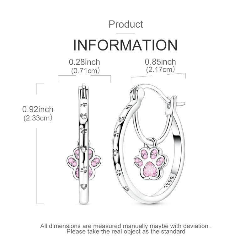 925 Sterling Silver Cute Cat Paw Dangle Hoop Earrings Pink Cubic Zirconia Paved Minimalist Pet Lover Jewelry for Women Gift