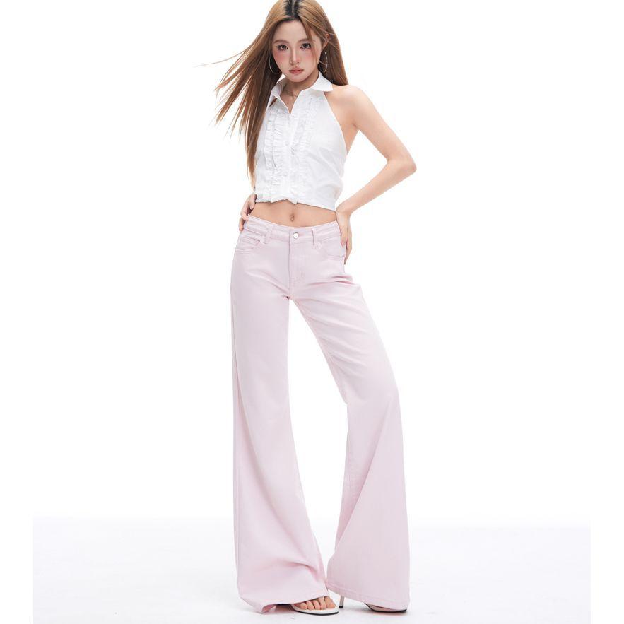 Frühling Sommer Vintage Rosa Dopamin Micro Flare Jeanshose Für Damen Lässige Hose Übergröße Denim Hose