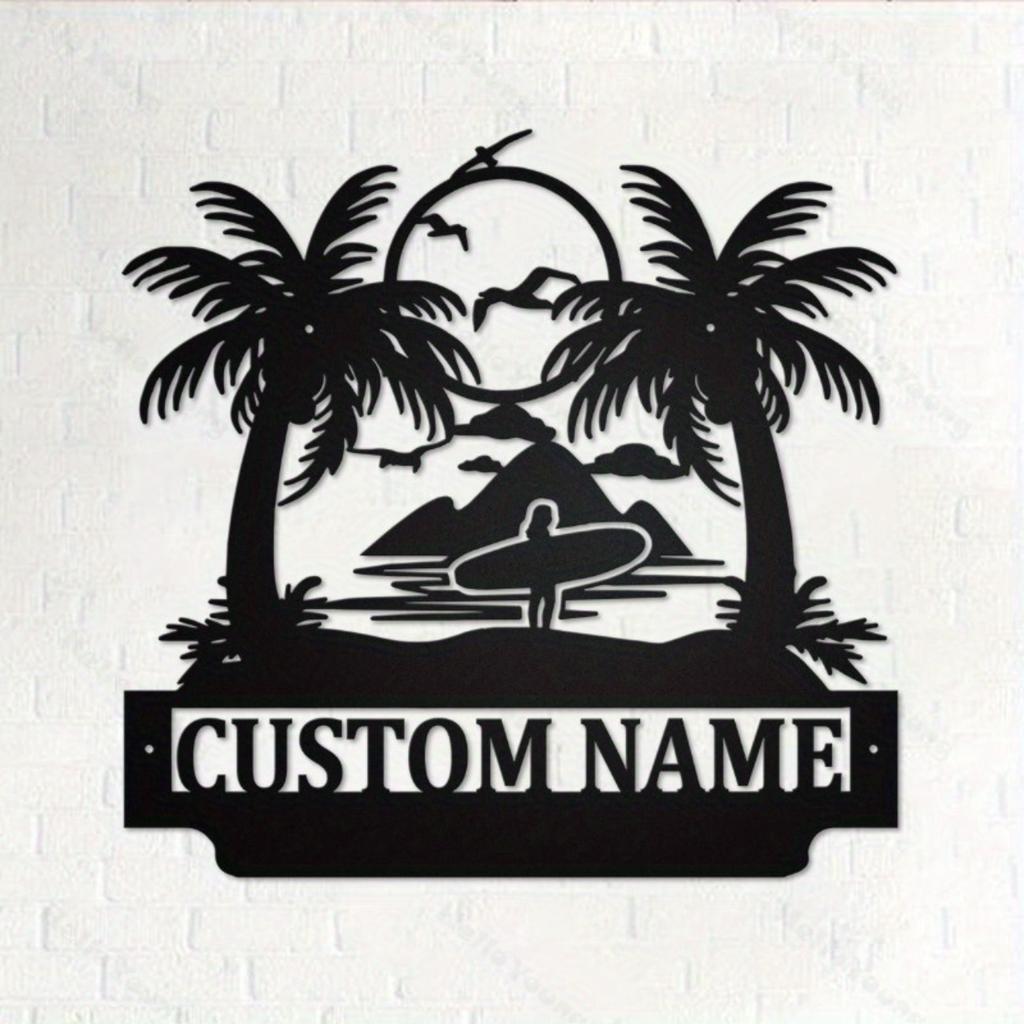 Customizable Metal Wall Art Plaque Beach Silhouette Family Name Sign for Home Garden Entrance
