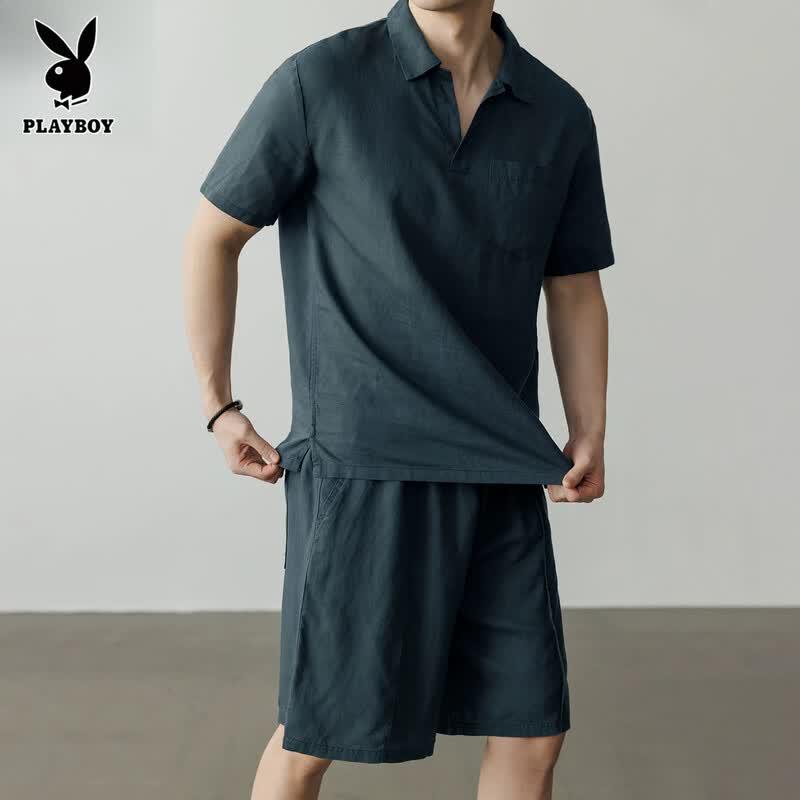PLAYBOY Men s Tencel Linen Short Sleeve Shorts Set L темно-синий