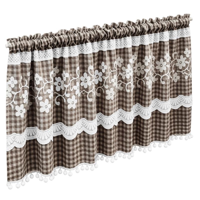 Kitchen Short Curtain Panel with Rod Pocket, Light Filtering Polyester and Gingham Trim for Bath and Cabinet Use