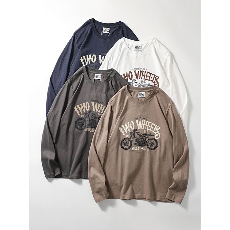 Trendy Retro Cotton Print Long-Sleeved T-shirt Motorcycle