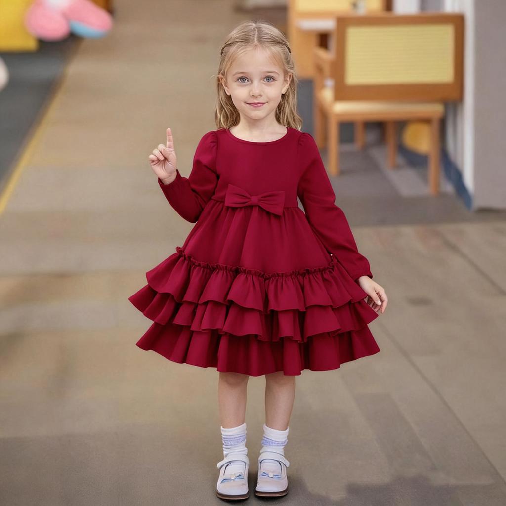 Girls' Fashionable Cute Solid-Color Stylish Children's Cake Dress Princess Dress Long-Sleeve Dress