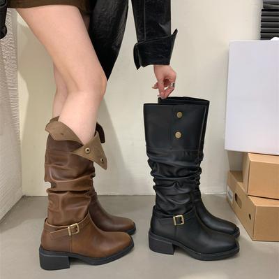 Mode Vintage Damen Western Kniehohe Stiefel Mode Gürtelschnalle Schuhe Herbst Winter Damen Prägnante Lange Stiefel Für Damen