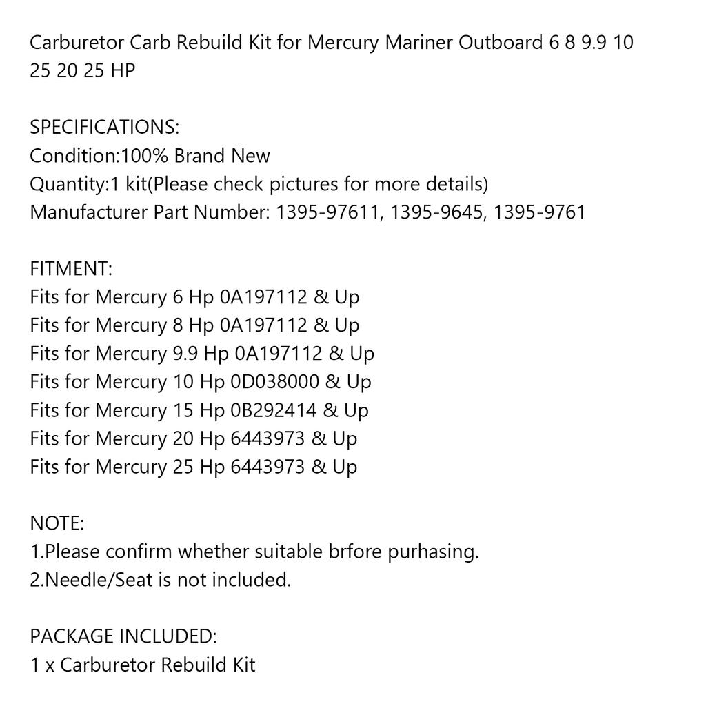 Vergaser-Reparatur-Dichtungssatz für Mercury Mariner Außenborder 6-25 PS 1395-97611