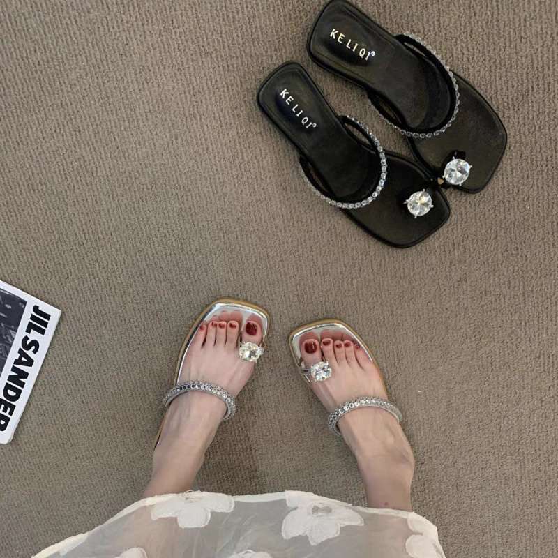 Spring and summer 2025 new rhinestone sandals outer wear women's shoes low heel square head cover toe fairy style with skirt sandals