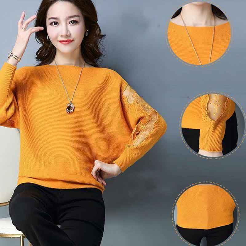 Frühlingspullover Koreanische Fledermausärmel Vielseitige große Strickwaren Damen Spitzenstickerei Backing Shirt Mode