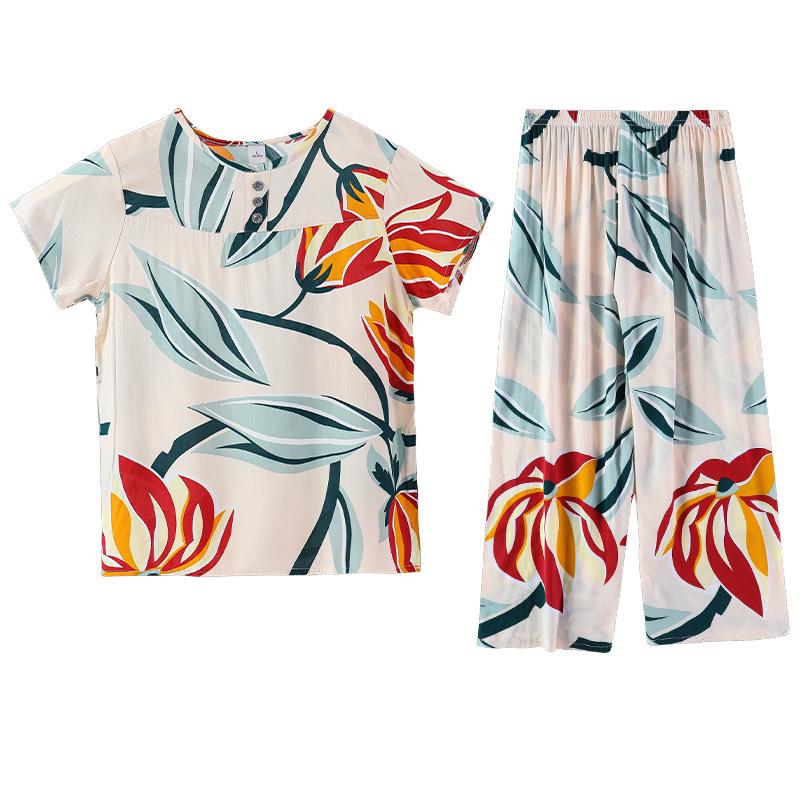 Pijamas de seda y algodón de verano para mujer: Conjunto holgado de dos piezas de manga corta para personas de mediana edad y mayores, talla grande, ideal para exteriores.