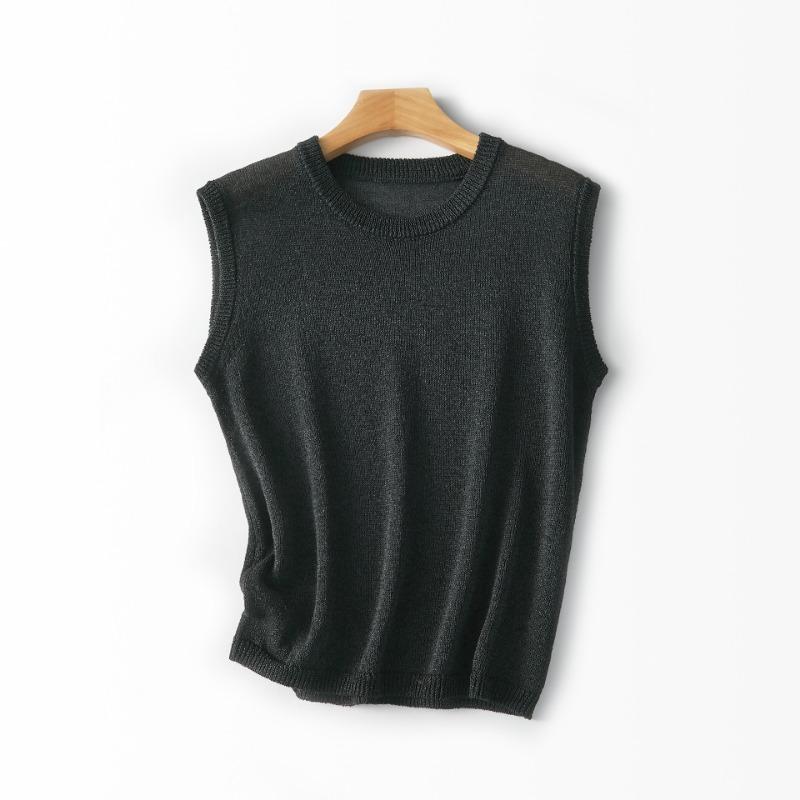 Silk and Paper Yarn Sleeveless Crew Neck Pullover Knitted Vest Women's Summer Light and Comfortable Bottoming Shirt
