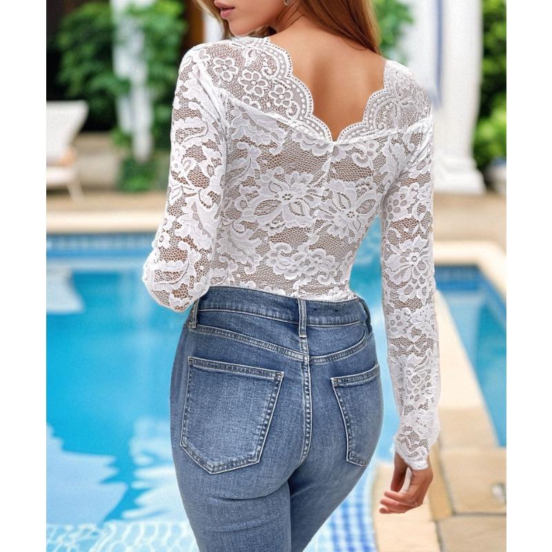 Autumn Pure Color Long-sleeved Lace Splicing One-piece Clothes Women’s Jumpsuits & Rompers