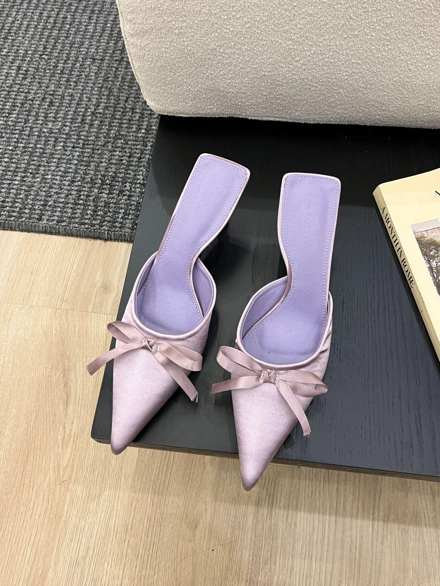 

2025 весна и осень новые остроносые тонкие модные туфли-лодочки с бантом на среднем каблуке, женские сандалии на высоком каблуке 39 фиолетовый