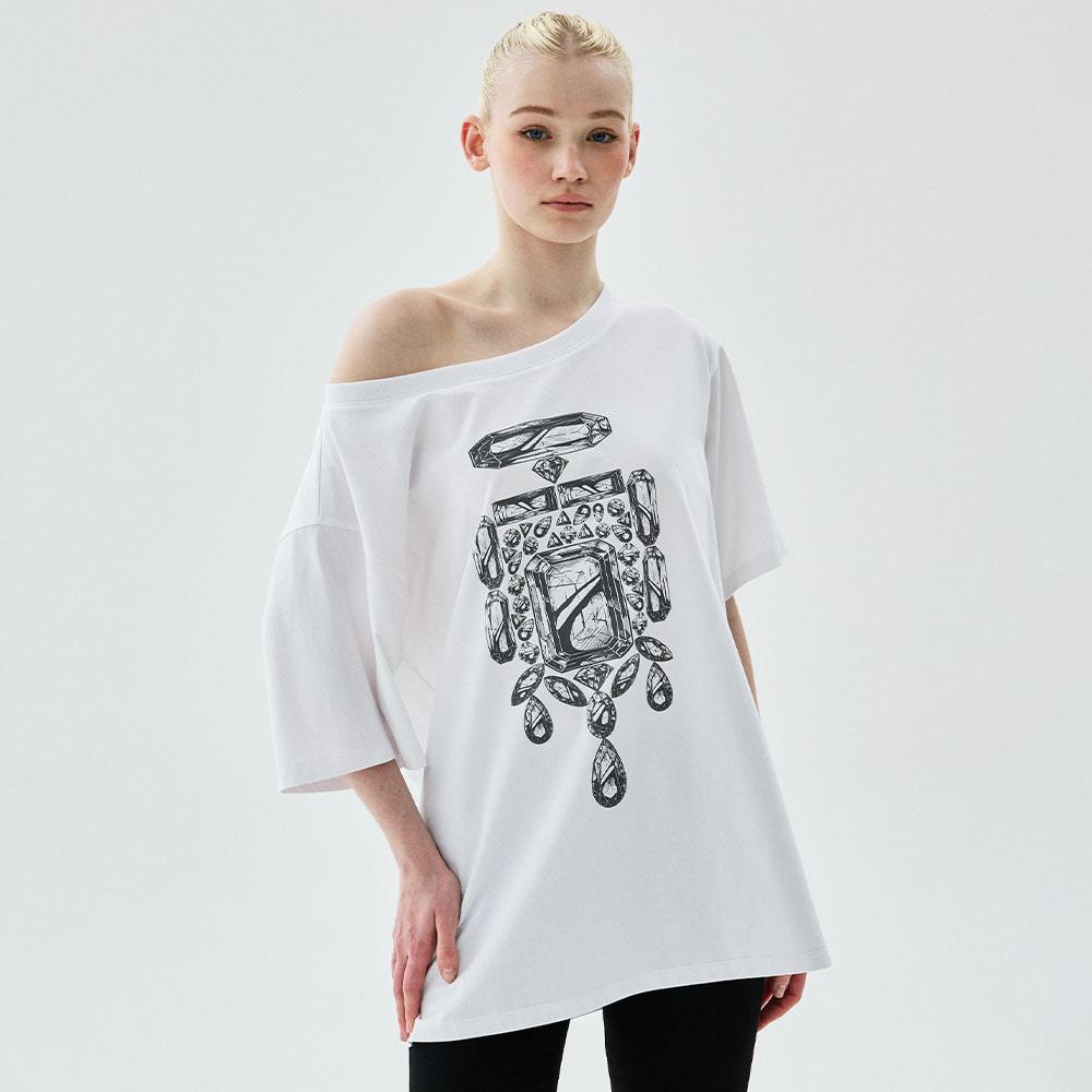 [mardimercredi] OVERSIZED TSHIRT OFF SHOULDER BIJOU WHITE GREY