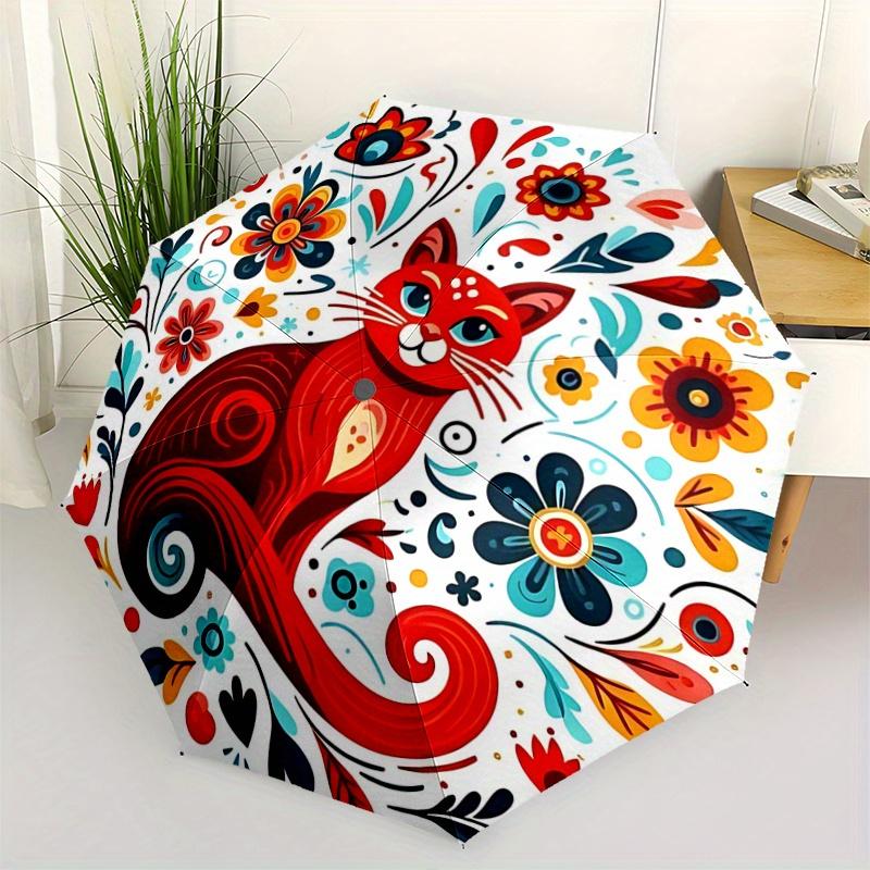 

1pc Red Cat Artistic Pattern Automatic Opening and Closing Umbrella - Lightweight 3-Fold Design, Suitable for Fans, Travel, Daily Use - Official