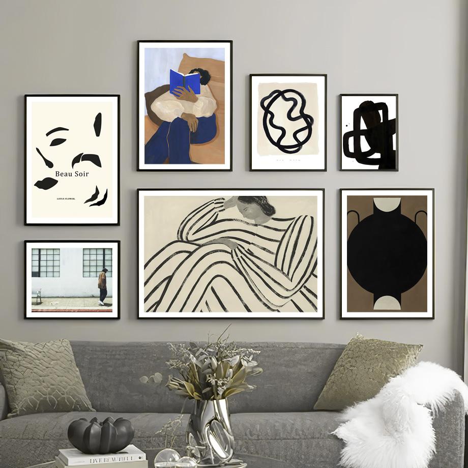 

Wall Art Print Canvas Painting Abstract Geometric Lines Clothes Girl Reading Nordic Poster Picture Living Room