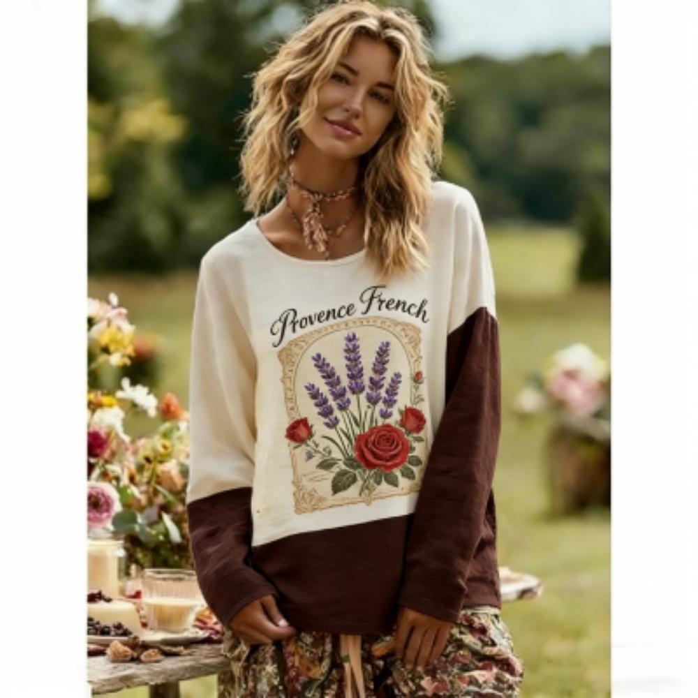 Spring Europe America Rose Flower Print Women's Tees Tops Fashion Street Women Long Sleeve Clothing Outdoor Casual T-shirt Pullover