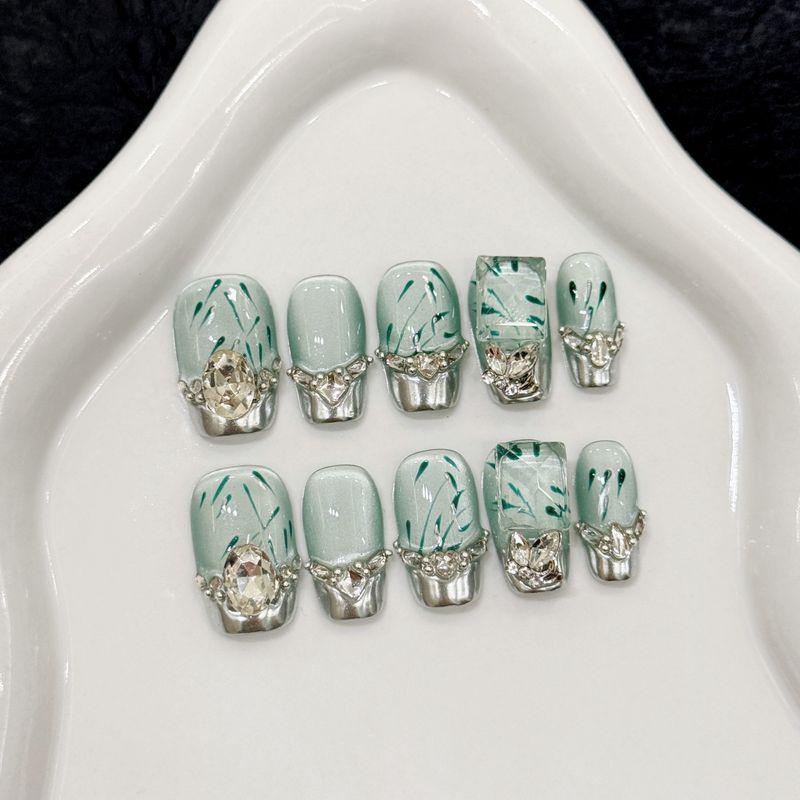 

New Arrival Original Hand-Worn Jia Qingying Bamboo New Chinese Style Short Chinese Style Cat Eye Shining Diamond Embedded White Nail Stickers Qingying bamboo short ladder S code