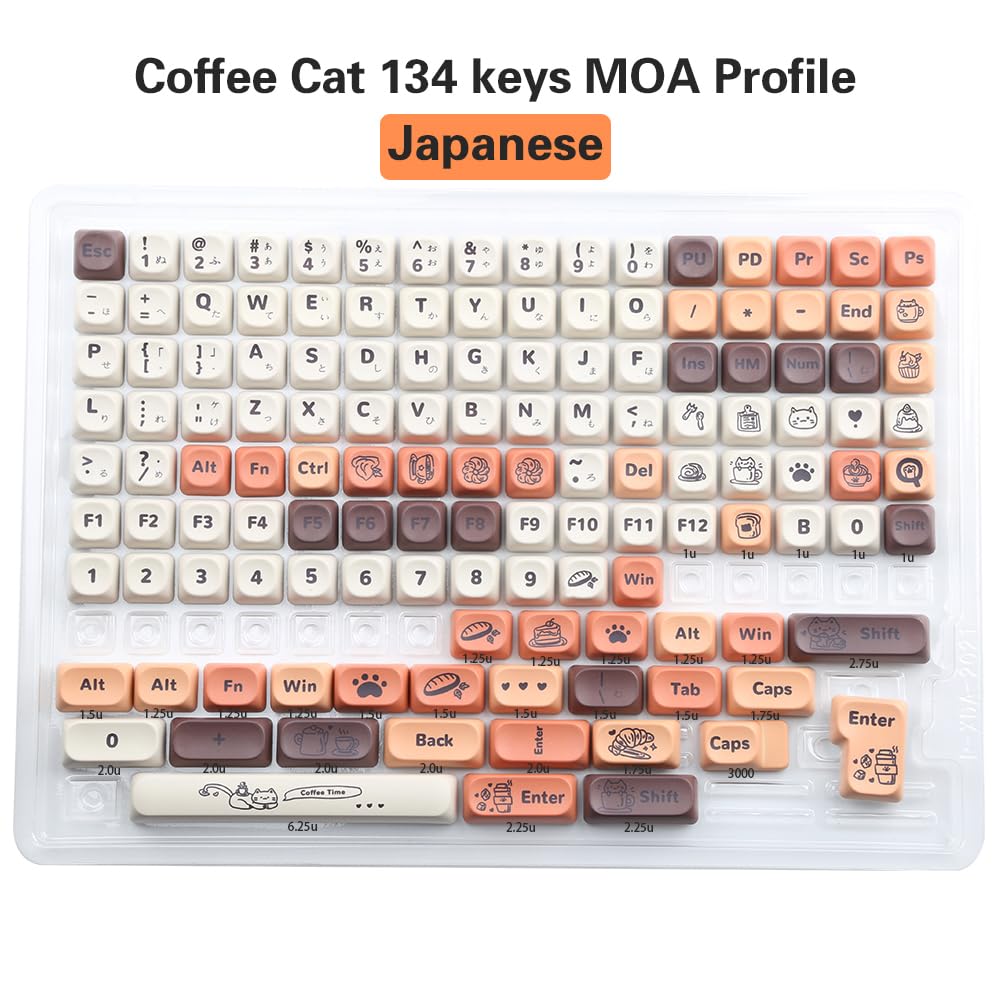 134 Teclas PBT Teclas Tema Gato Café Perfil MOA Teclas Sublimação de Tinta 5 Lados para Teclado Mecânico 60% 65% 75% 100%